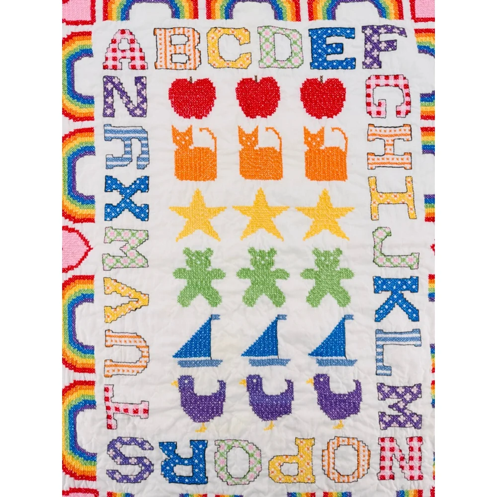 Handmade Cross Stitched Baby Blanket Throw Rainbow ABC Vintage 1994 Nursery